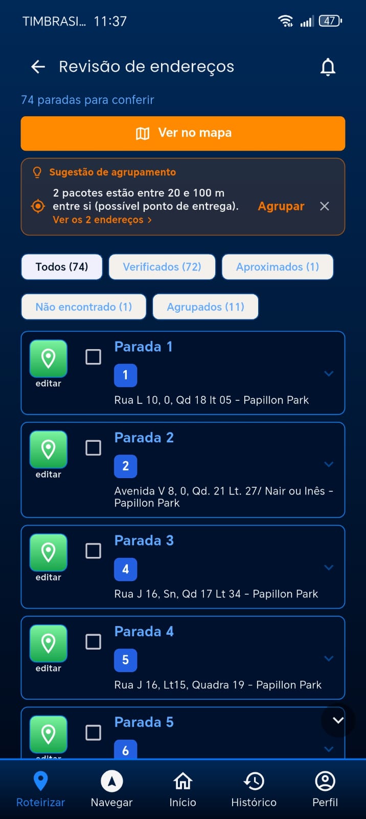 Tela de revisão de endereços do app Roterizando