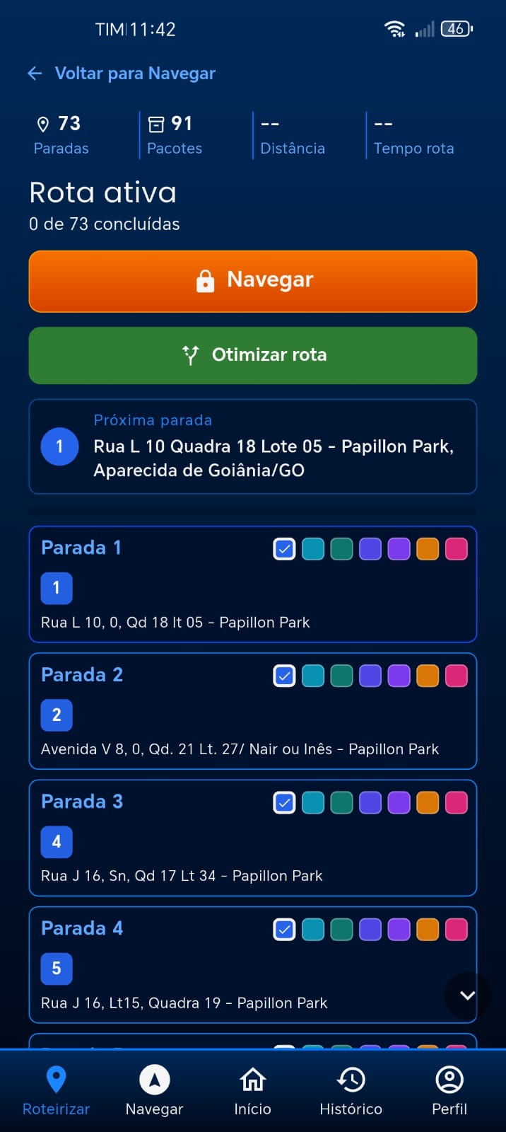 Tela de rota ativa do app Roterizando