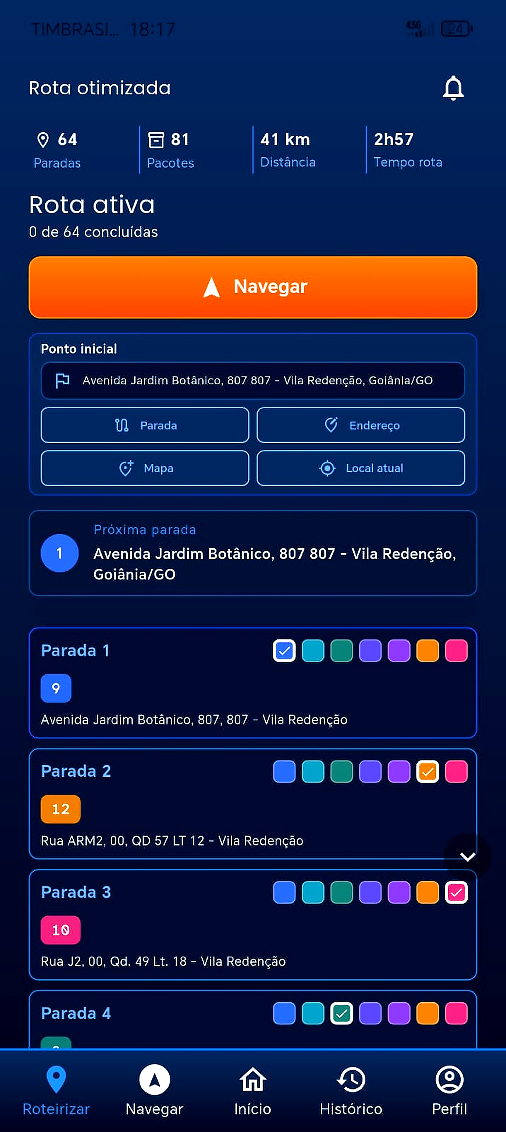 Tela de rota otimizada do app Roterizando
