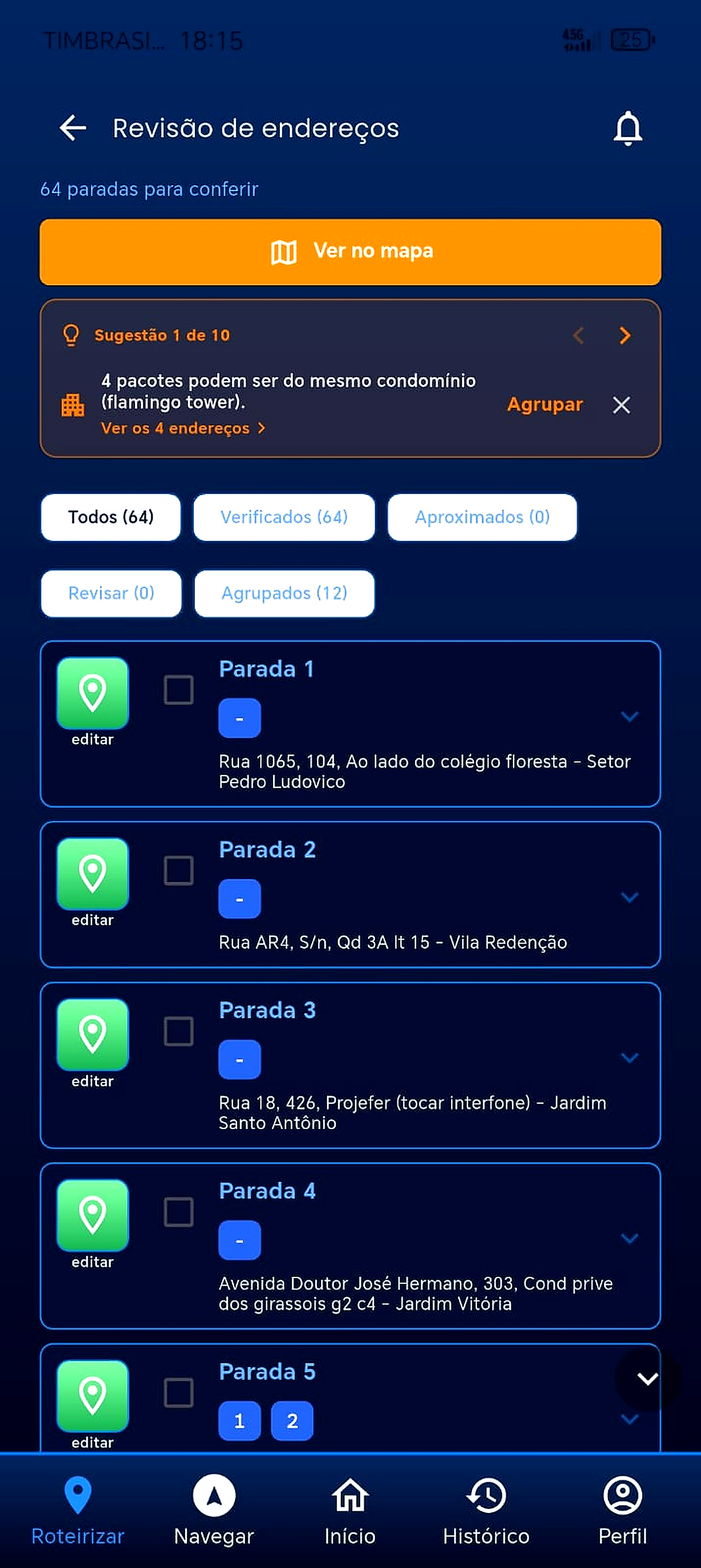 Tela de roteirização do app Roterizando